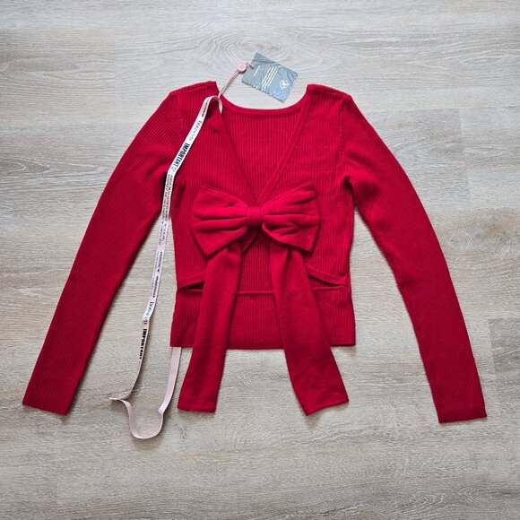 House of CB Sula Rib Knit Red Sweater Oversized Bow Back Medium New with Tags - Picture 1 of 17
